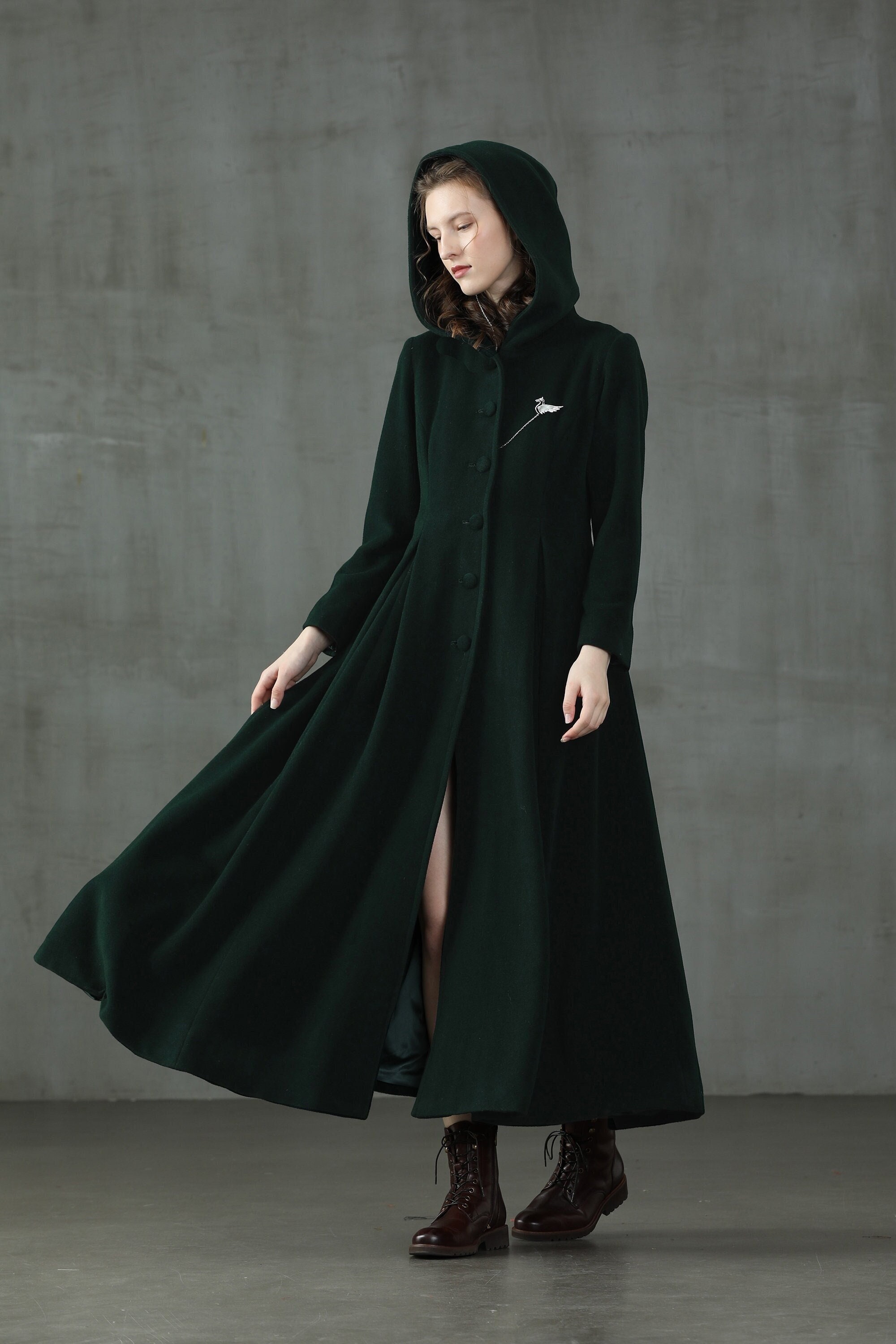 Hooded Maxi Wool Coat, Retro Hooded Wool Coat, Maxi Teal