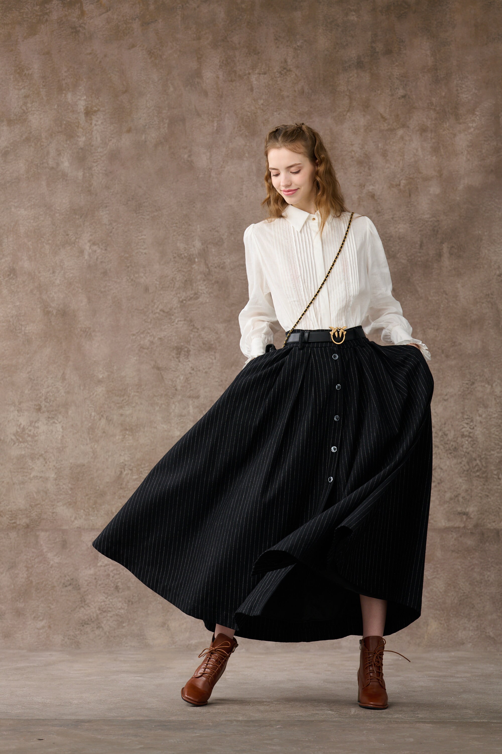 Plaid Wool Skirt in Black, Button Front Midi Skirt, Vintage
