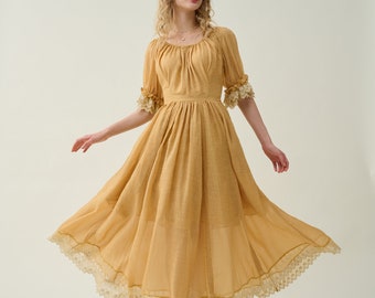 Ruffle Linen Lace Dress in Mustard, Medieval Dress, Victorian Dress, French Dress, Gothic Dress, evening dress | Linennaive
