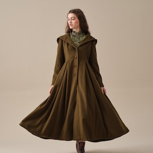 retro hooded wool coat, olive green coat, maxi coat, wool coat, vintage coat, winter coat, fit and flare coat | Linennaive