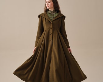 retro hooded wool coat, olive green coat, maxi coat, wool coat, vintage coat, winter coat, fit and flare coat | Linennaive