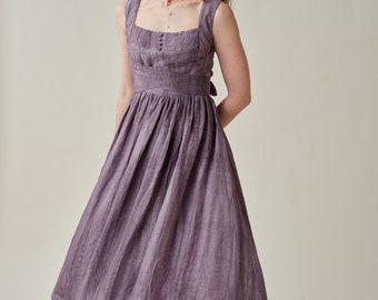 Cross back linen dress in Purple, midi dress, cocktail dress, layered linen dress, evening dress, vintage dress, apron dress | Linennaive