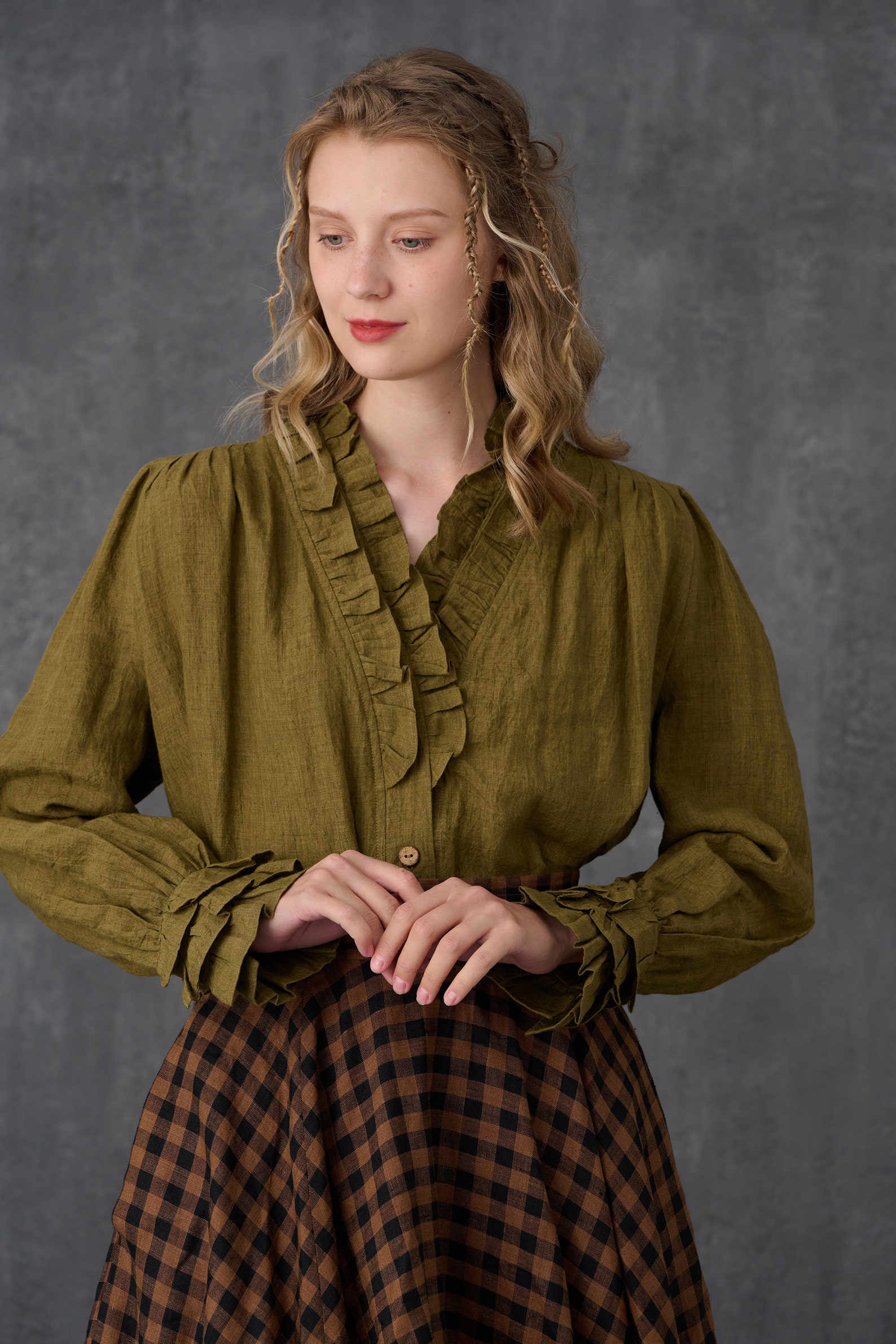 Ruffled Linen Blouse in Olive Victorian Blouse Vintage Linen Etsy