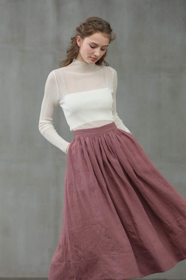 Cottagecore Clothing, Soft Aesthetic ashed lilac midi linen skirt a line skirt pleated flared skirt 1950 skirt | Linennaive $79.00 AT vintagedancer.com