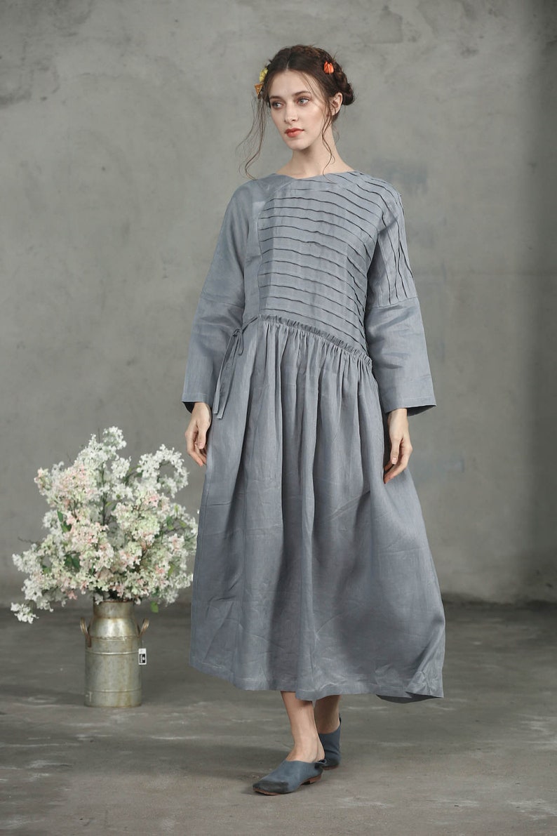 Drawstring Wasit Dress Maxi Linen Dress oNLY \u3010S M L left\u3011Gray linen dress Oversize Grey Linen Dress Maxi Smoky Gray Dress