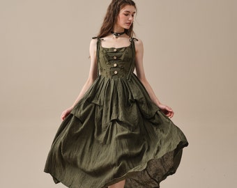 Corset Linen dress in Green, midi dress, Rococo dress, party dress, elegant dress, evening dress | Linennaive