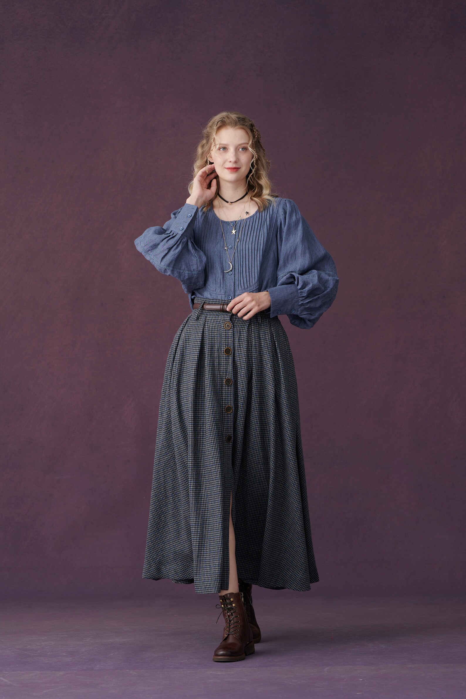 Blue Linen Blouse Top Puff Sleeve Blouse Victorian Blouse Etsy