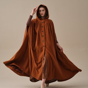 Hooded Wool Cloak Coat in brown, Maxi Hooded wool cloak, renaissance cloak, witch cloak, full circle cape cloak, winter coat | Linennaive