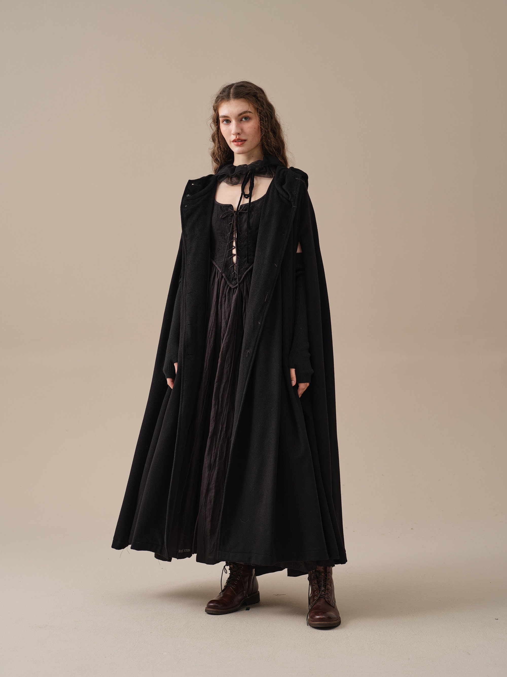 Hooded Wool Cloak Coat in Black, Maxi Hooded Wool Cloak