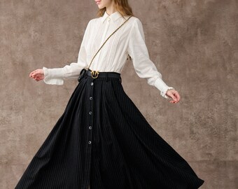 Plaid Wool Skirt in Black, Button Front Midi Skirt, Vintage