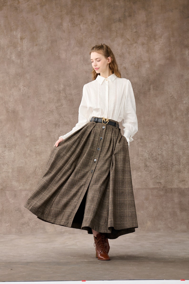 Retro Plaid Midi Wool Skirt, brown wool skirt, Button front Midi Skirt, Pleat Skirt, pockets skirts, Plus Size Skirt Linennaive image 1