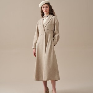 maxi wool coat in oat cream, women coat, double breasted coat, winter coat, retro coat, warm coat Linennaive image 10