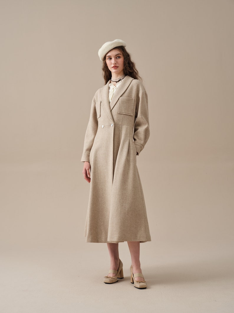 maxi wool coat in oat cream, women coat, double breasted coat, winter coat, retro coat, warm coat Linennaive image 10