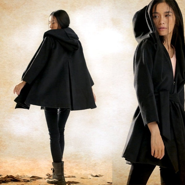 Hooded Cape Cloak for Women in Black, Winter Cape Coat, Wool Cape, Wool Cloak, Wool Long Coat