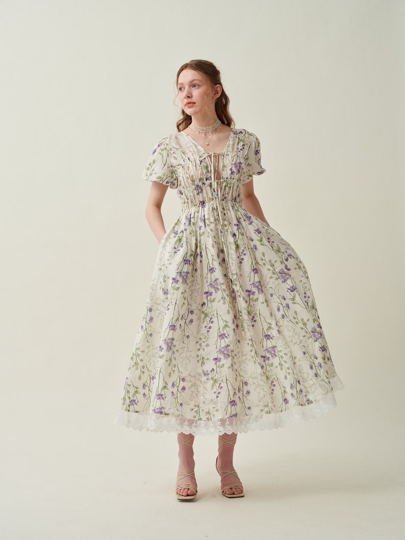 Floral linen dress, shirred dress in violet, puff sleeve dress, summer dress, elegant dress, vintage dress, plus women dress Linennaive zdjęcie 6