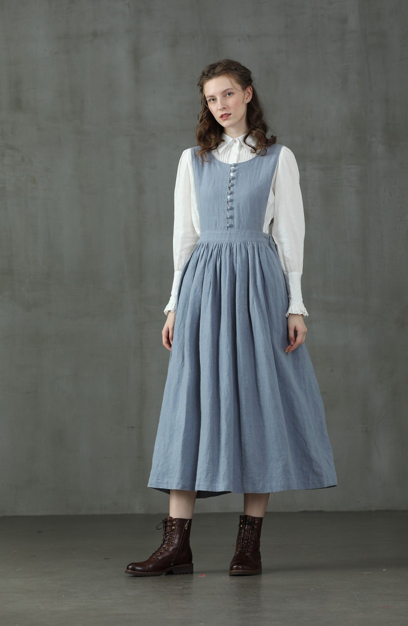 Cottagecore Clothing, Soft Aesthetic     apron linen dress in misty blue midi dress pleated linen dress bow linen dress midi linen dress | Linennaive  AT vintagedancer.com