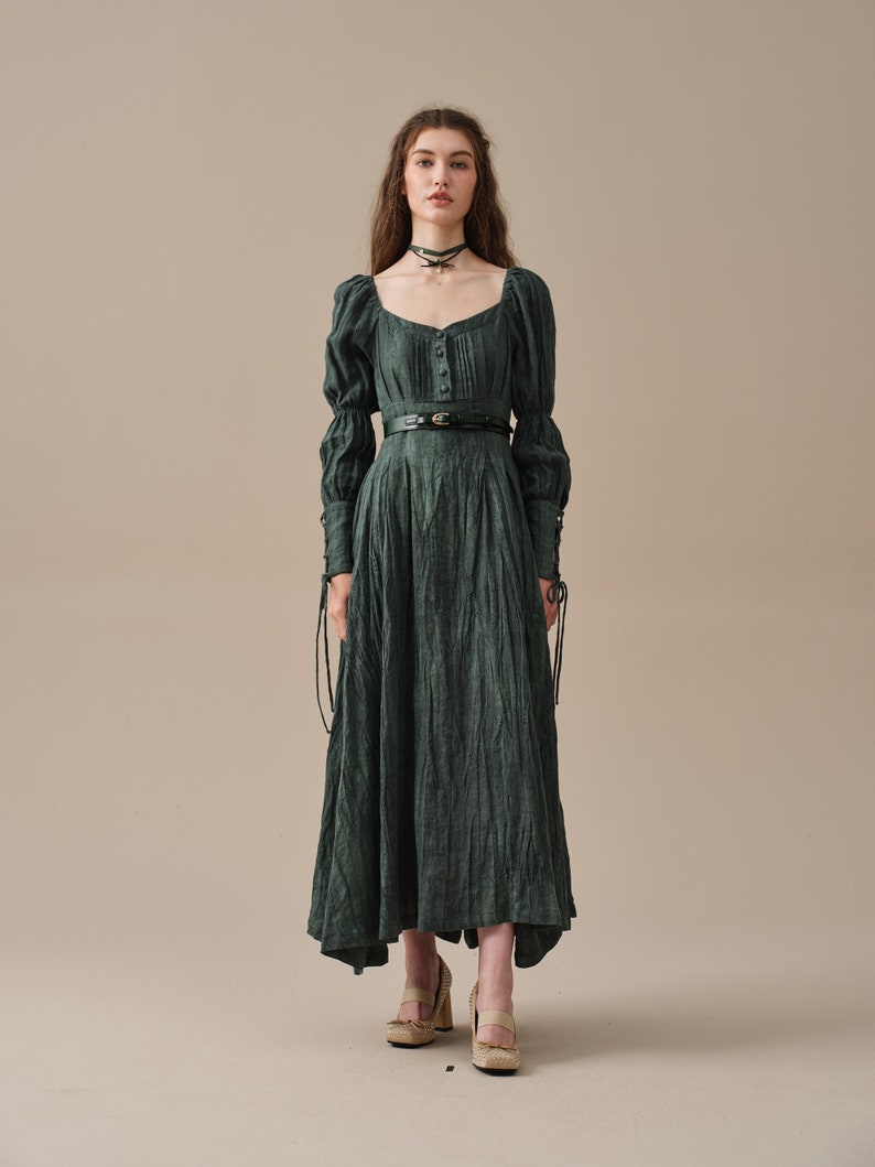 Corset Linen dress in Teal, regency dress, medieval linen dress, maxi linen dress, fit and flared dress Linennaive image 4