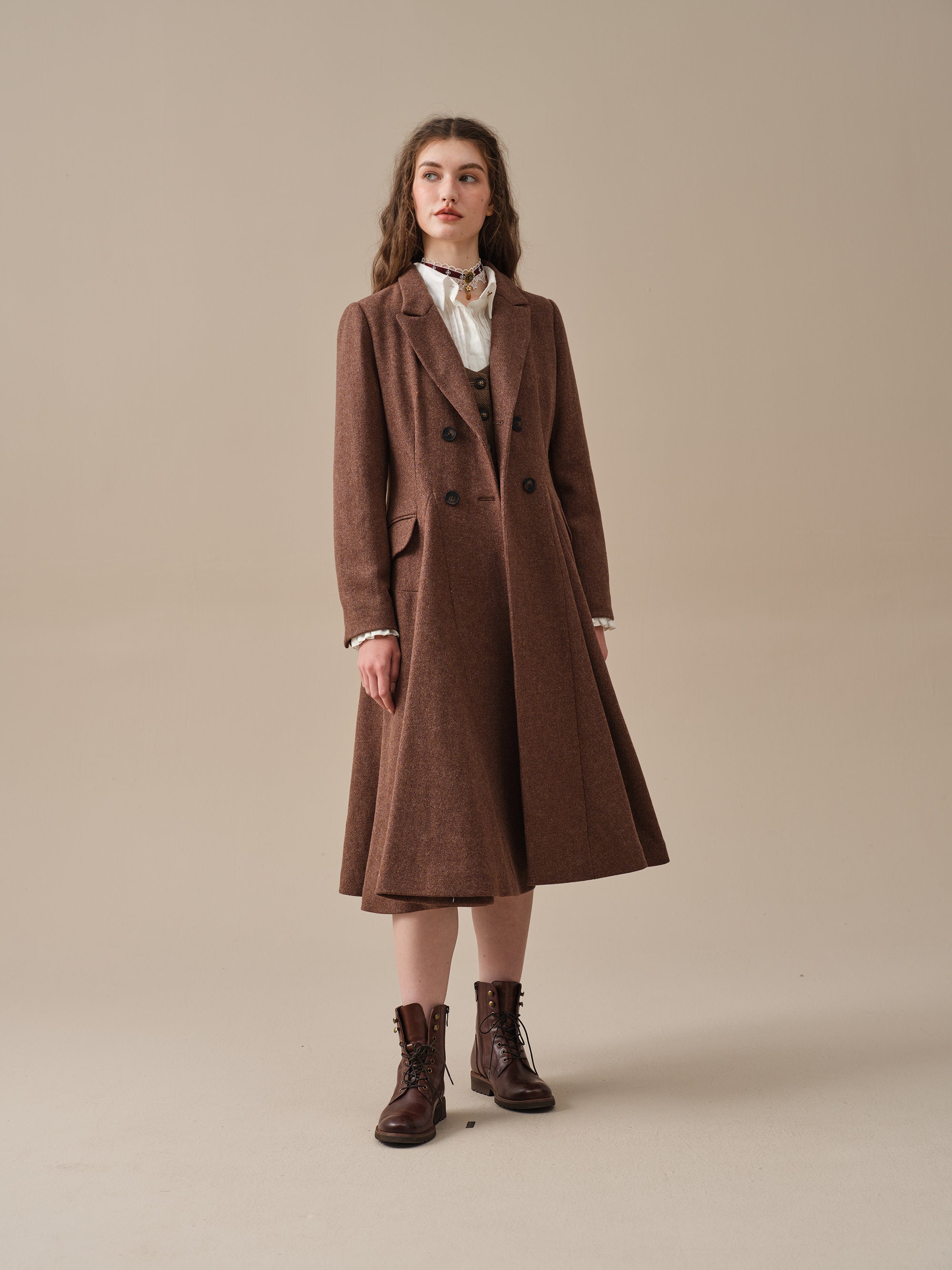 Double breasted wool coat in rosebrown, midi wool coat, vintage coat, fit and flared coat, wool coat, winter coat, 1950s coat | Linennaive