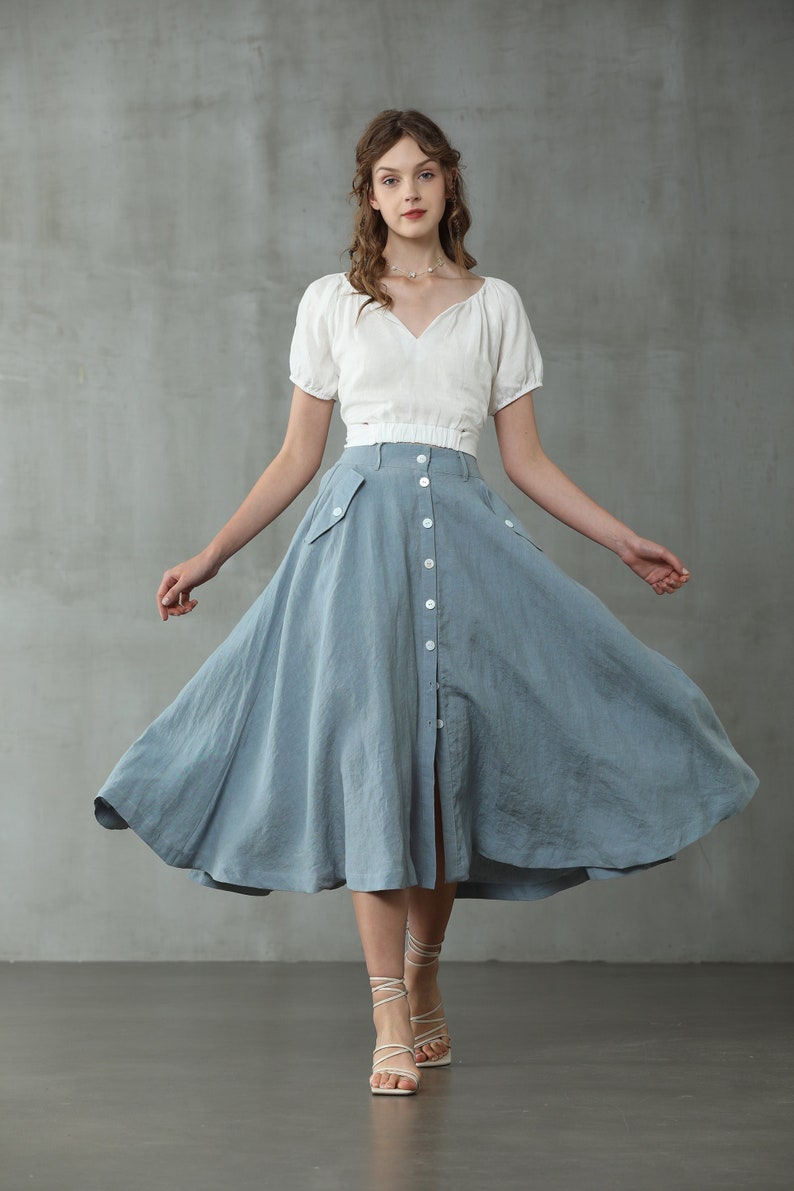 1940s Style Skirts- Vintage High Waisted Skirts     Front button linen skirt in lightblue girdle Linen Skirt flared linen skirt A line skirt high waist linen skirt1950s skirt | Linennaive  AT vintagedancer.com