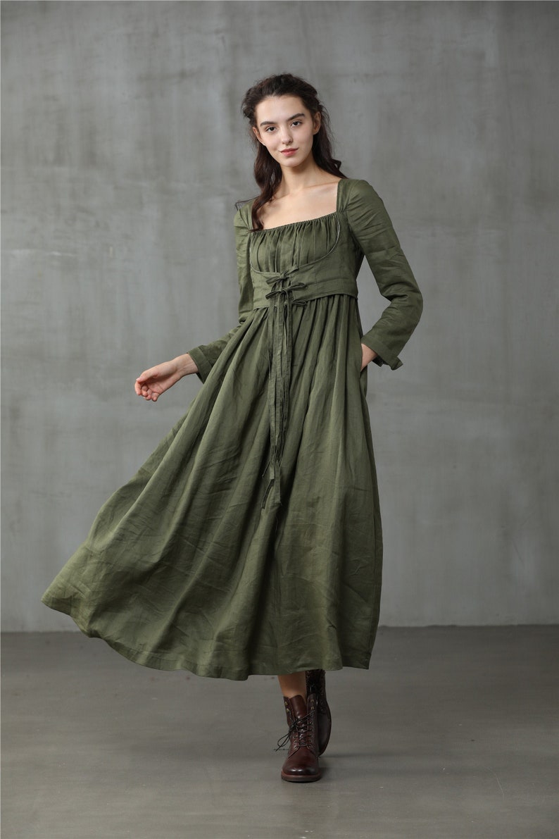 linen dress in moss green, maxi dress, corset linen dress, winter dress, layered dress | Linennaive 