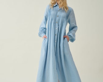 Linen shirt dress in blue, vintage dress, puff sleeve dress, victorian dress, longsleeve dress, plus size dress | Linennaive