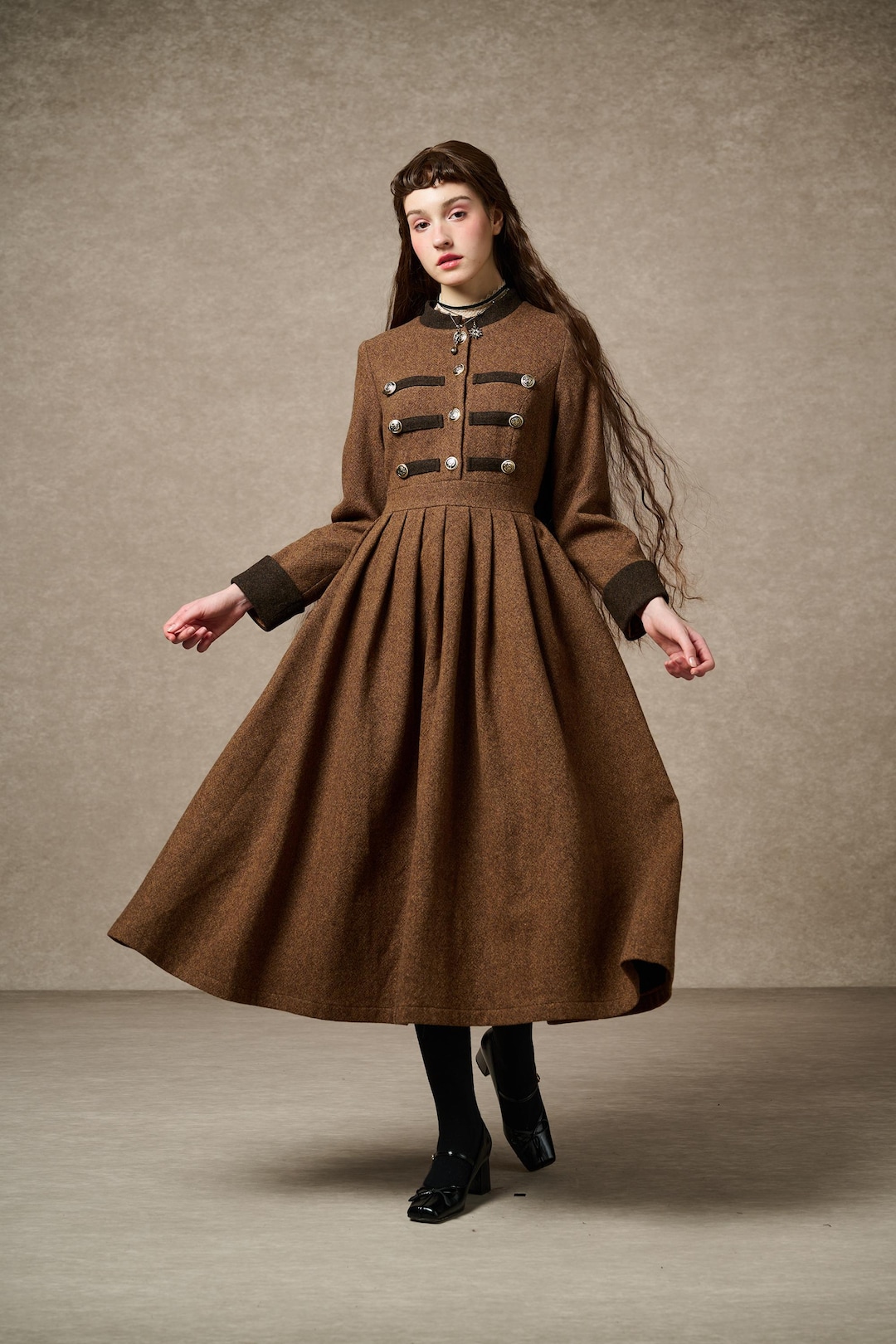 Vintage Wool Dress in Mocha Brown, Midi Wool Dress, Elegant