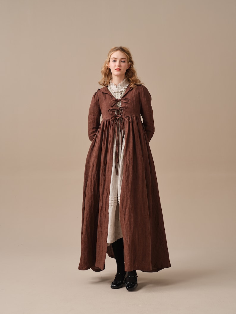 Winter linen coat in Brown, maxi coat, tied linen jacket coat, vintage coat dress, little women coat Linennaive image 3