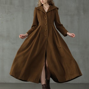 hooded maxi wool coat, retro hooded wool coat, maxi camel coat, wool coat, vintage coat, winter coat, fit and flare coat image 7