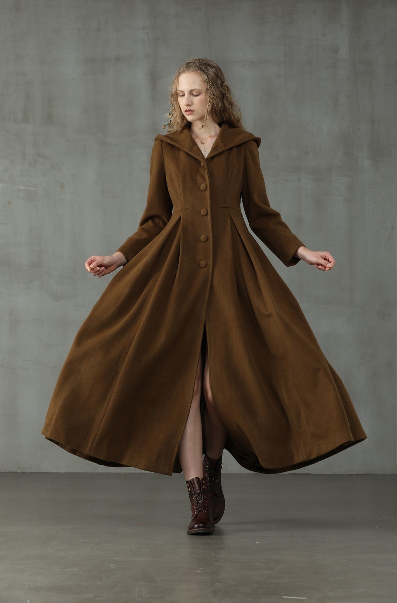 hooded maxi wool coat, retro hooded wool coat, maxi camel coat, wool coat, vintage coat, winter coat, fit and flare coat image 7