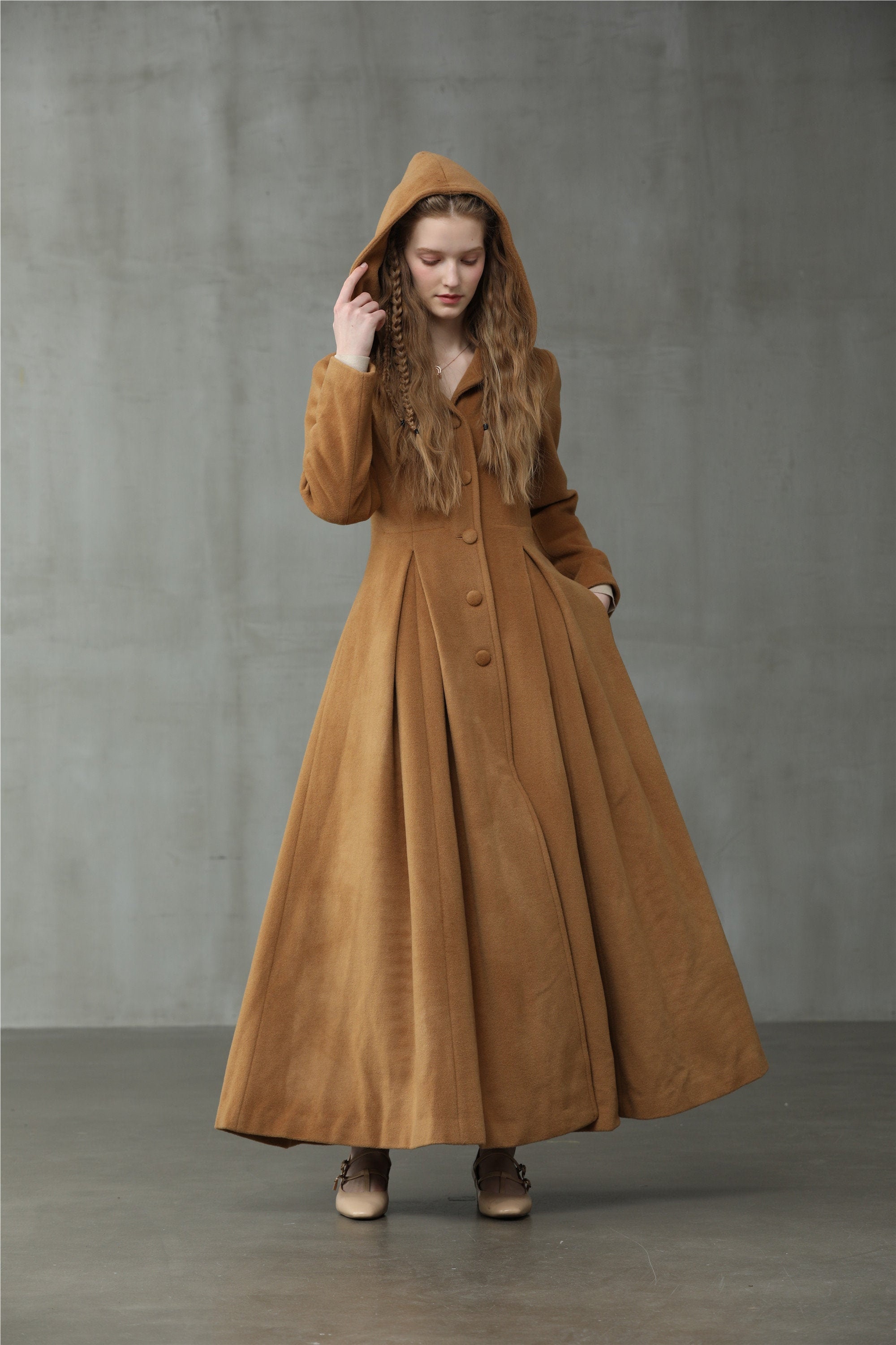 【ENOF】wool rever half coat Retro Hooded Wool Coat, Maxi Camel Coat, Wool Coat, Vintage