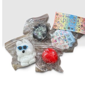 May include: Four small toys in clear plastic bags, including a white bear with blue sunglasses, a red strawberry, a black paw print with glitter, and a light blue waffle shape with colourful sprinkles, labelled with a Pinch Family header card.