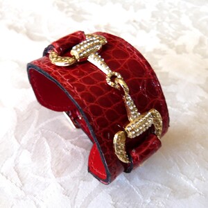 Luxury leather cuff bracelet, genuine alligator skin, horse bit encrusted with small rhinestones