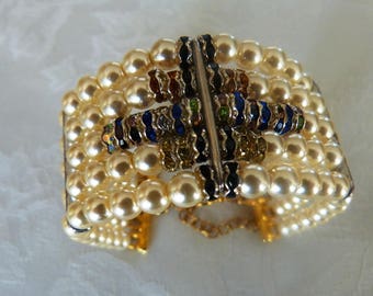 Bracelet woman cuff 5 rows pearl pearls and multicolored rhinestones