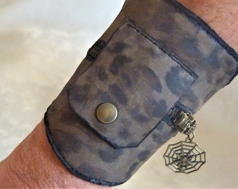 Men's leather bracelet cuff for wallet, tickets, skull zipper SALE - 50%