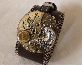 men's leather bracelet, steampunk, cuff with eagle head on sale -50%