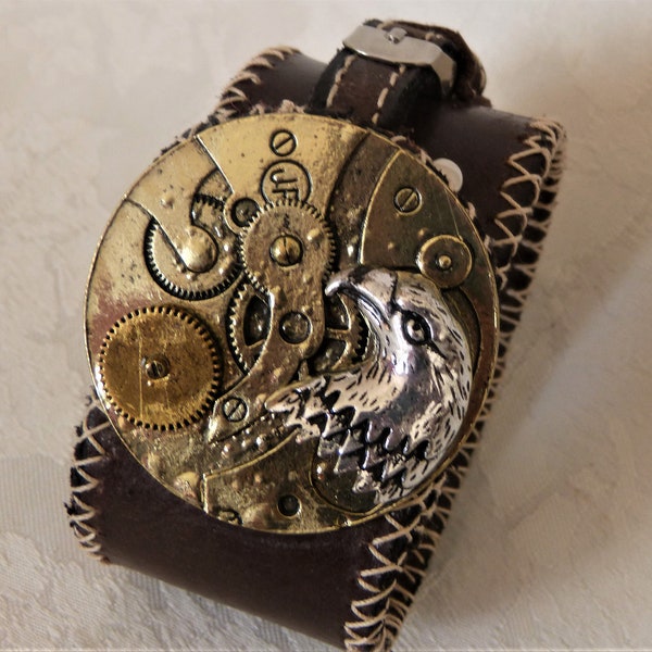 bracelet  cuir homme, steampunk, manchette avec tête d'aigle soldé -50%