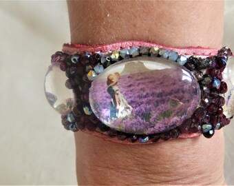 Women's handmade leather cuff bracelet, "FIllette in lavender fields" on sale-50%