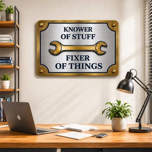 Placa de metal "Entende-de-Coisas - Consertador de Coisas", decoração para garagem, placa para faz-tudo, decoração para oficina/caverna do pai, presente para o pai, download digital.