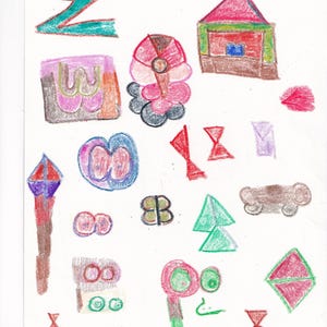 スケッチ用紙にクレヨンで描かれた作品（8 1/2 x 11インチ）