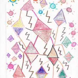 May include: A colourful crayon drawing on white paper featuring multiple diamond-shaped geometric forms in various shades of red, blue, purple, green, and brown, interspersed with black zigzag lightning bolt lines and small circular sun motifs.