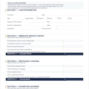 Werkblad rekenmachine levensverzekeringsbehoeften | Afdrukbare pdf | Hulpprogramma voor financiële planning | Analyse dekkingstekort