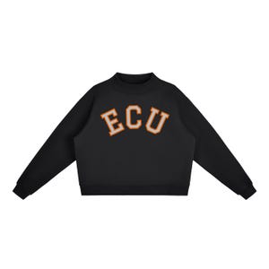 May include: A black long-sleeve sweatshirt featuring a mock neck collar and ribbed cuffs. The chest displays the letters ECU in an arched, collegiate-style font with orange lettering outlined in white, set against the solid black fabric background.