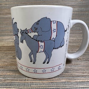 Vintage Naughty Donkey Elephant Orgy 1979 Taylor & Ng Coffee Mug Tea Cup Made in Japan Win Ng Political Democrat Republican