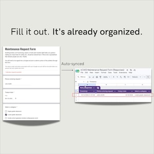 May include: A digital graphic displaying a Maintenance Request Form on the left and a corresponding spreadsheet on the right, connected by an arrow labeled Auto-synced. The text at the top reads, Fill it out. It's already organized.