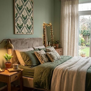 Puede incluir: Un dormitorio con una cama que tiene ropa de cama verde oliva, una manta de punto color crema y cojines estampados. Una lámina botánica enmarcada de lirios de los valles cuelga en una pared verde salvia sobre una mesita de noche de madera.