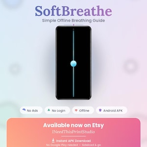 Może przedstawiać: Smartfon z aplikacją SoftBreathe Simple Offline Breathing Guide, przedstawiającą centralną niebieską sferę na pionowej linii. Poniżej znajdują się ikony No Ads, No Login, Offline i Android APK oraz tekst dotyczący pobierania pliku APK.