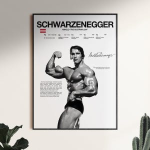 May include: A black and white poster featuring Arnold Schwarzenegger flexing his bicep. The text includes his name, titles like Mr. Olympia Champion, a signature, and a quote. The design is minimalist with bold black typography on a white background.