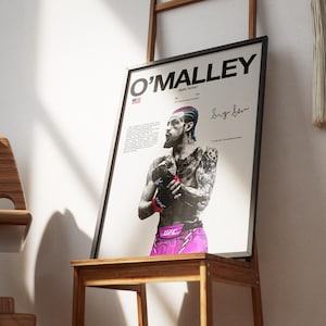 Op de afbeelding: Een ingelijste poster met een zwart-wit portret van Sean O'Malley met gekleurd haar, dragend UFC-handschoenen en een roze broek. De tekst luidt O'MALLEY, SEAN "SUGA" en bevat een handtekening, een kleine Amerikaanse vlag en beschrijvende tekst.