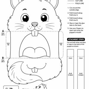 May include: A black and white printable craft sheet for a squirrel big mouth puppet. The page includes a large squirrel head outline with fold lines A and B, glue tabs, instructions, two attachment strips, and a small diagram showing finger placement.