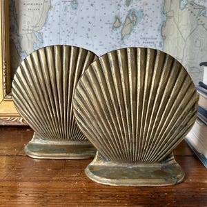 Vintage Solid Brass Scallop Shell Bookends Pair